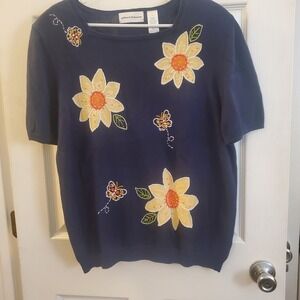 Alfred Dunner sz L blue short slv Sweater Embroidered beaded cottage grandma